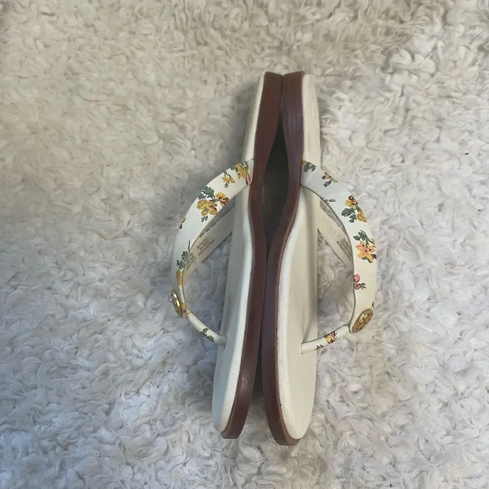 Tory Burch leather beige Floral thong Sandals gold tone logo accent SZ9